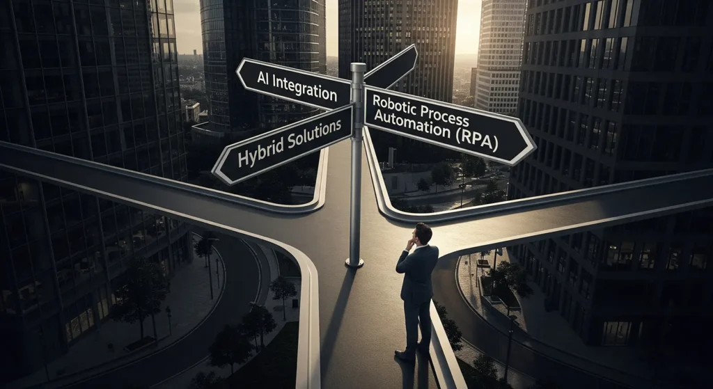 Osoba stoi na skrzyżowaniu w nowoczesnym mieście, patrząc na drogowskazy oznaczone AI Integration, Hybrid Solutions i Robotic Process Automation (RPA) z wysokimi budynkami w tle.