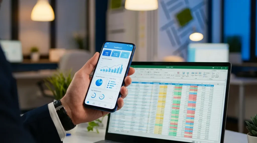 Porównanie skomplikowanego arkusza Excel z przejrzystą dedykowaną aplikacją biznesową na telefonie. Ilustracja transformacji cyfrowej i rozwiązań No-Code.