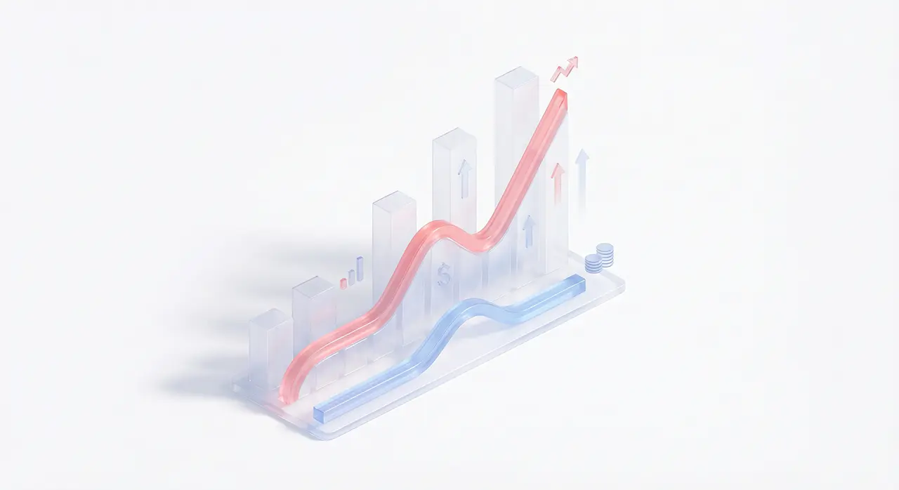 Wykres słupkowy 3D z przezroczystymi słupkami i dwiema falistymi liniami: czerwoną linią trendu wzrostowego i niebieską linią poruszającą się głównie płasko. Na słupkach znajdują się małe znaki dolara i strzałki w górę, a na końcu stosy monet.