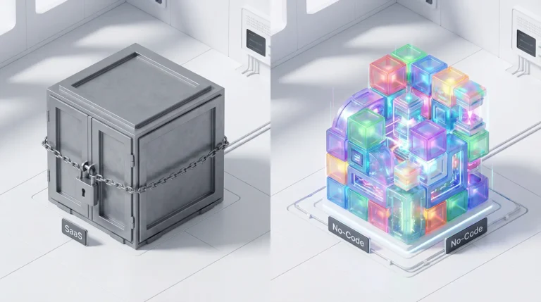 Porównanie obok siebie: Po lewej - szare, zamknięte pudełko z etykietą SaaS. Po prawej - świecąca, kolorowa struktura wykonana z przezroczystych sześcianów oznaczonych No-Code, wyglądająca na otwartą i dynamiczną w jasnym otoczeniu.