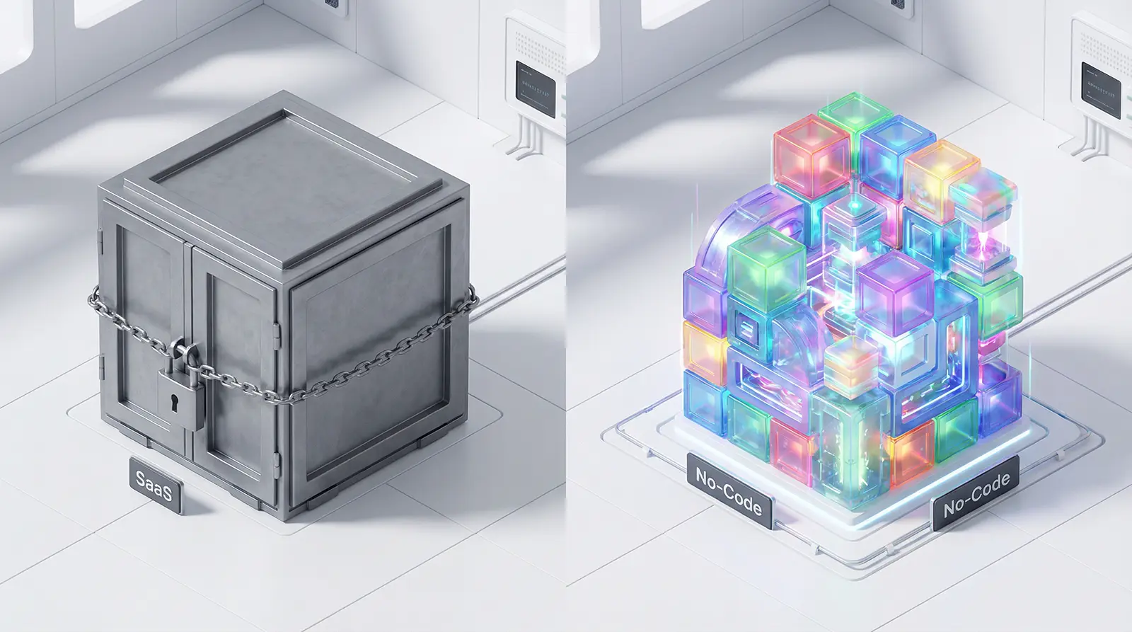 Porównanie obok siebie: Po lewej - szare, zamknięte pudełko z etykietą SaaS. Po prawej - świecąca, kolorowa struktura wykonana z przezroczystych sześcianów oznaczonych No-Code, wyglądająca na otwartą i dynamiczną w jasnym otoczeniu.