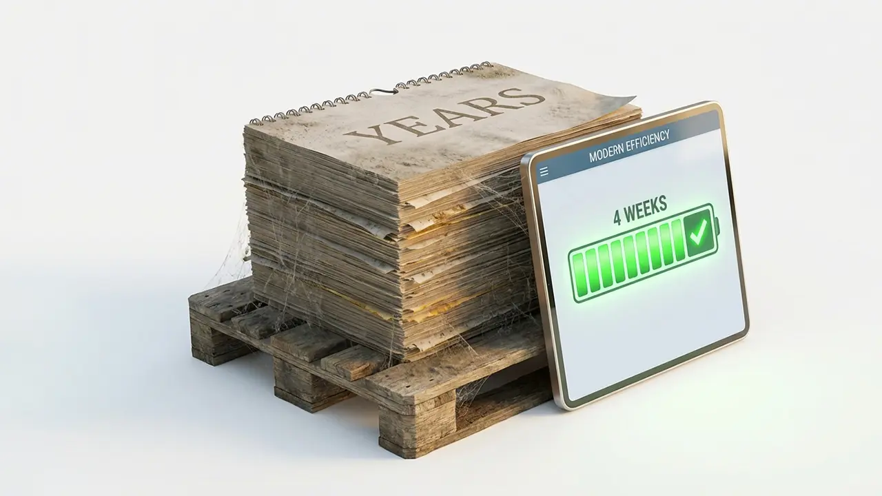 Stos zakurzonych, starych papierów z napisem leży na drewnianej palecie obok nowoczesnego tabletu pokazującego 4 TYGODNIE z zielonym paskiem postępu, symbolizującym zwiększoną wydajność no code