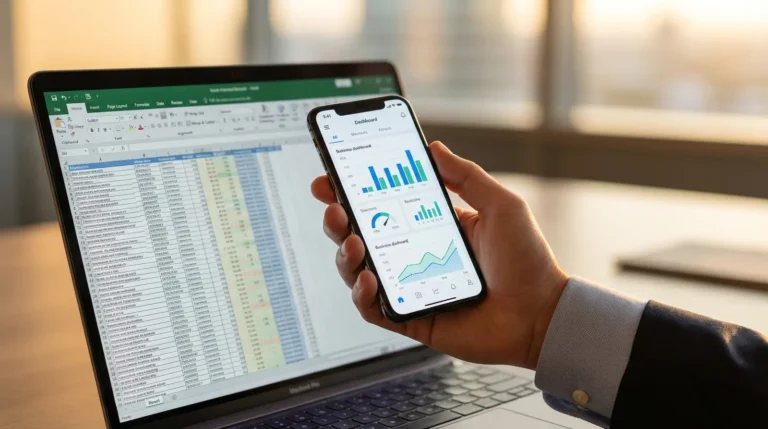 Osoba trzyma smartfon wyświetlający wykresy i pulpity nawigacyjne przed ekranem laptopa pokazującym szczegółowy arkusz kalkulacyjny w programie Microsoft Excel. Oba urządzenia znajdują się na biurku w oświetlonym słońcem biurze.