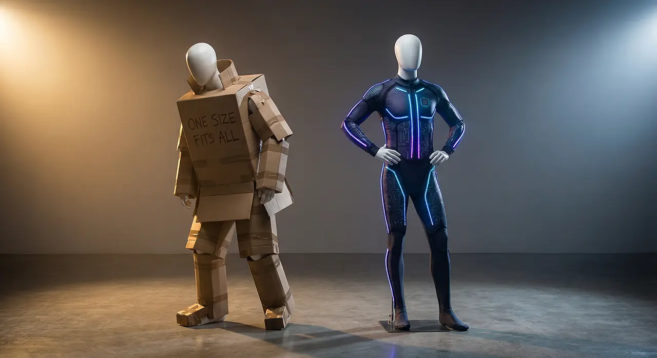 Dwa manekiny stoją obok siebie; jeden nosi nieporęczny, ręcznie wykonany kombinezon z tektury z napisem ONE SIZE FITS ALL, podczas gdy drugi ma na sobie elegancki, dopasowany futurystyczny body. Obaj znajdują się w minimalistycznym, delikatnie oświetlonym pomieszczeniu.