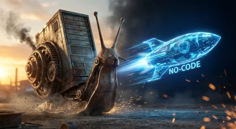 Porównanie czasu wdrożenia tradycyjnego systemu ERP (lata) z szybkim wdrożeniem No-Code (tygodnie). Ilustracja efektywności i budowy modułowej.