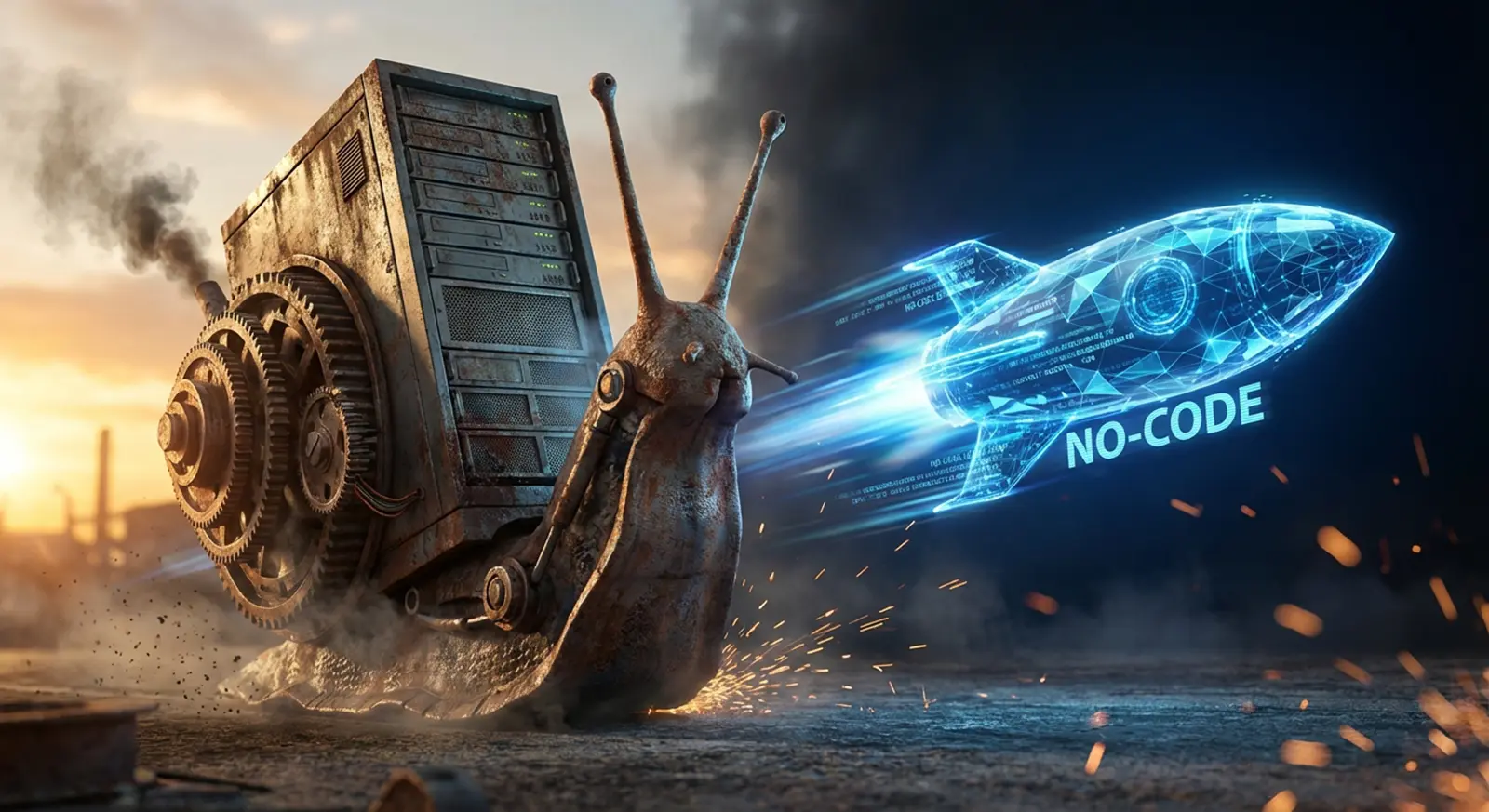 Porównanie czasu wdrożenia tradycyjnego systemu ERP (lata) z szybkim wdrożeniem No-Code (tygodnie). Ilustracja efektywności i budowy modułowej.