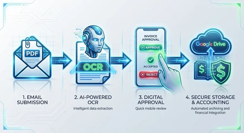 Schemat automatycznego obiegu faktur w technologii No-Code. Cztery kroki: odbiór maila, odczyt OCR przez AI, szybka akceptacja i archiwizacja w chmurze.