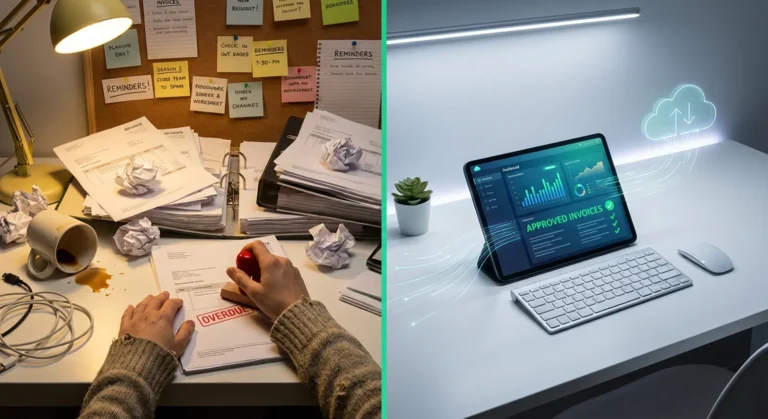 Porównanie tradycyjnego, papierowego obiegu faktur z nowoczesnym, cyfrowym systemem No-Code. Wizualizacja przejścia od chaosu do porządku.