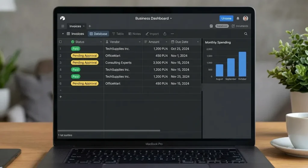 Przykładowy dashboard systemu obiegu faktur zbudowanego w Airtable. Widok statusów płatności i miesięcznych wydatków.